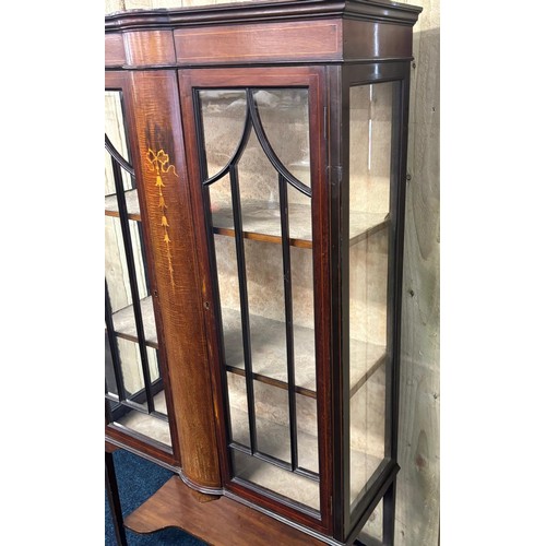 155 - Edwardian Inlaid Display Cabinet , Glass and wood section double door, raised on square tapered legs... 