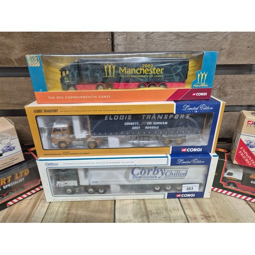 303 - A collection of boxed corgi truck models; Corgi CC12216 Scania fridge trailer, CC13103 Volvo F88 Tau... 