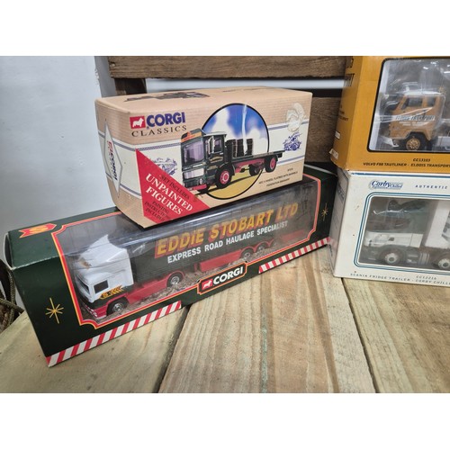 303 - A collection of boxed corgi truck models; Corgi CC12216 Scania fridge trailer, CC13103 Volvo F88 Tau... 