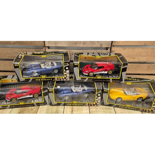 307 - A collection of of five Jadi model craft sport car models; Lotus Elise models & TVR Tuscan models