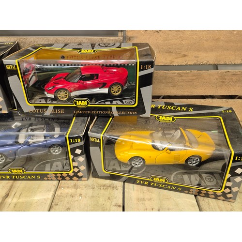 307 - A collection of of five Jadi model craft sport car models; Lotus Elise models & TVR Tuscan models