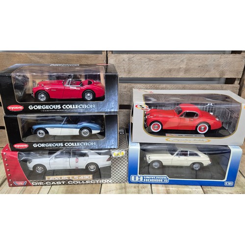 311 - A collection of five various classic car models; Kyosho 1.18 scale Austin Healey models, MGB GT MK1,... 