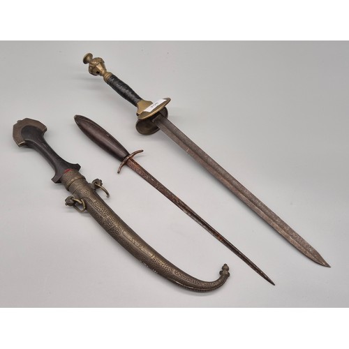 258 - A collection of three Eastern daggers; Persian Indo dagger with sheath & officers short sword- bronz... 