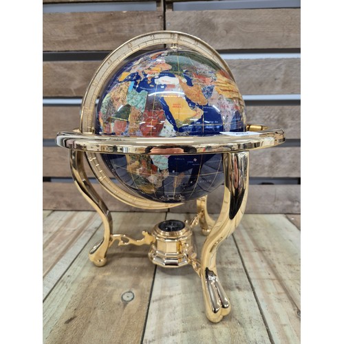 203 - Table Top Blue Ocean Gemstone World Globe with Gold Tripod Stand with fitted compass [35cm height]