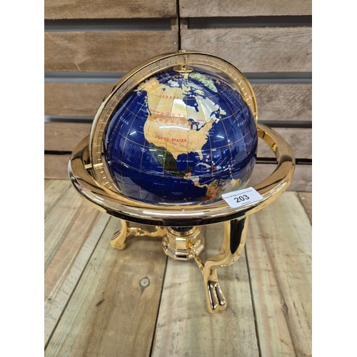 203 - Table Top Blue Ocean Gemstone World Globe with Gold Tripod Stand with fitted compass [35cm height]