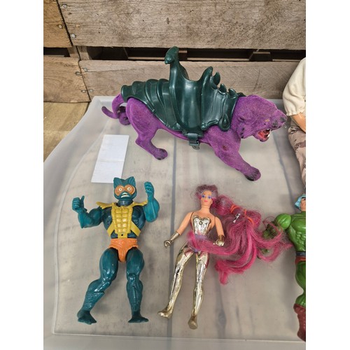 318 - A tray of collectable vintage toy figures; He-man figures Skelator, Panthor Savage Cat, Mer Man, She... 