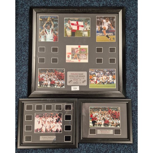 319 - A Collection of three England Rugby team pictures; England rugby world cup winners special edition f... 