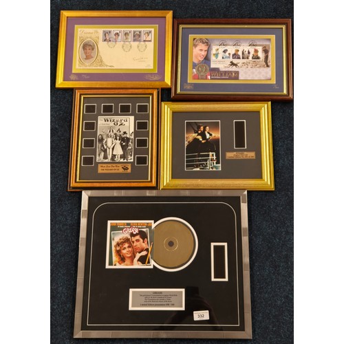 332 - A collection of film cells & framed Royalty first day coin covers: Grease limited edition film cell ... 