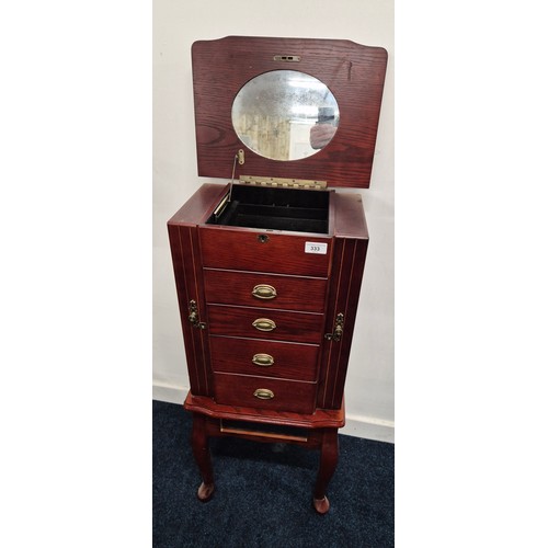 333 - Thomas Pacconi Four drawer mahogany jewellery display cabinet [missing bottom drawer]