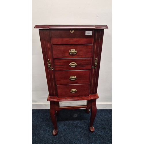 333 - Thomas Pacconi Four drawer mahogany jewellery display cabinet [missing bottom drawer]