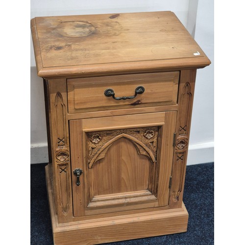 158 - A Pair of Farm house pine one drawer and one doors bed side cabinets [70x49x38cm]