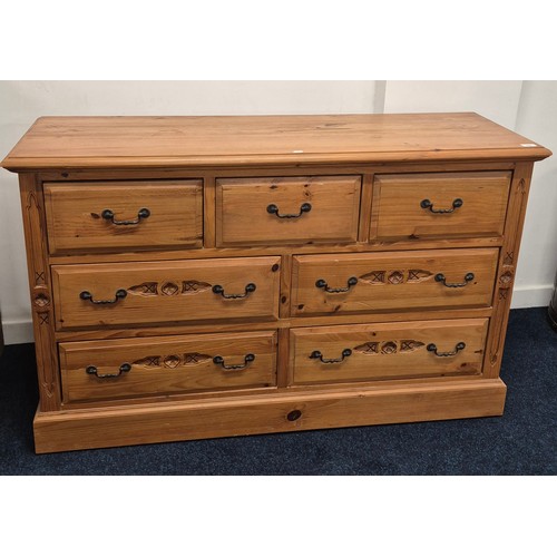 157 - Farm house style pine multi drawer chest of drawers [87x140x43cm]