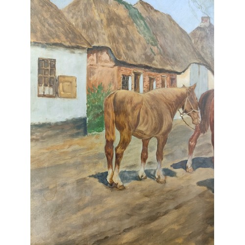 252 - Antique oil painting 'Horses in a Village' set in an antique frame [unsigned] [66x44cm]