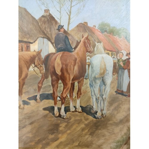 252 - Antique oil painting 'Horses in a Village' set in an antique frame [unsigned] [66x44cm]