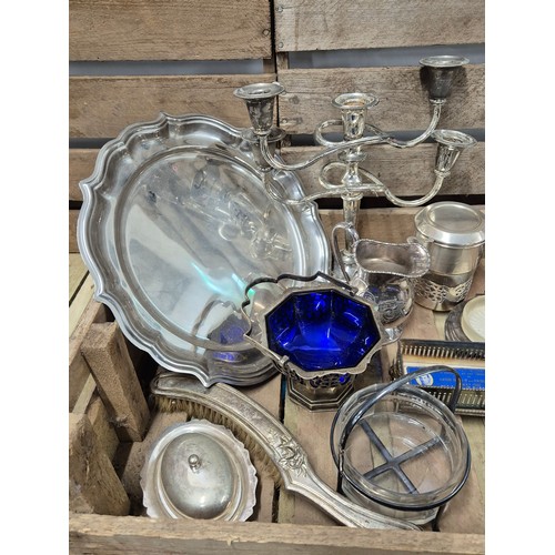 347 - A Crate of silver plated ware; candelabra, tankards, tray & other items