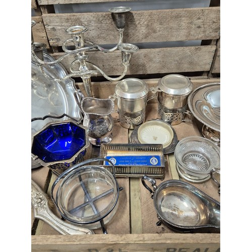 347 - A Crate of silver plated ware; candelabra, tankards, tray & other items