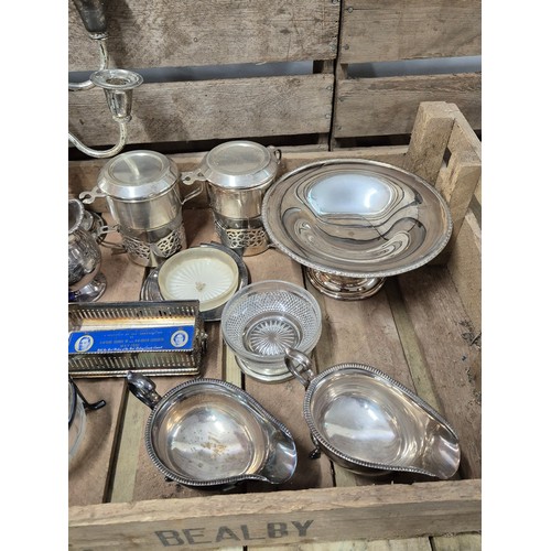 347 - A Crate of silver plated ware; candelabra, tankards, tray & other items