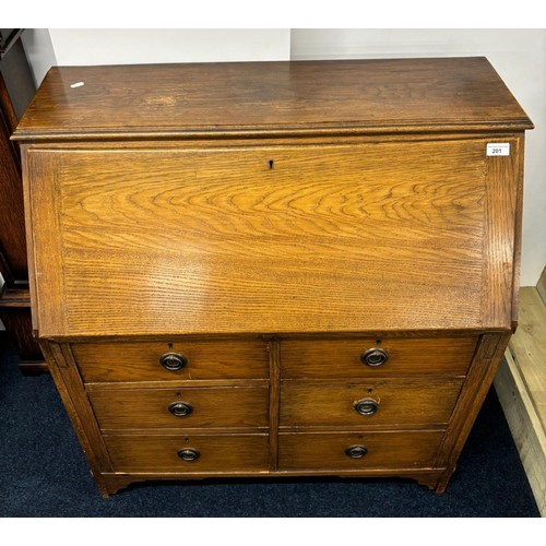 201 - Antique light oak six drawer writing bureau, interior having various pigeon hole storage [99.5x91.5x... 