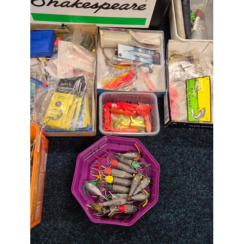 350 - Large Shakespeare fishing tackle box with a collection of fishing items; weights, fishing traces & o... 