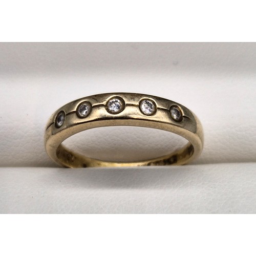 6 - 9ct Yellow gold ring set with five round cut diamonds. [Ring size Q] [2.24Grams]