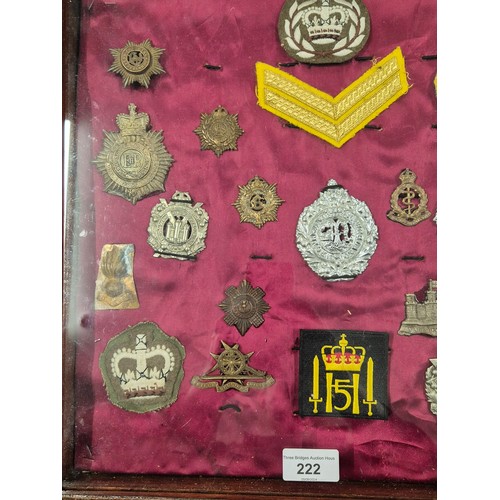 222 - A collection of Military badges & patches in a fitted display case. The Cheshire Regiment, Royal Cor... 