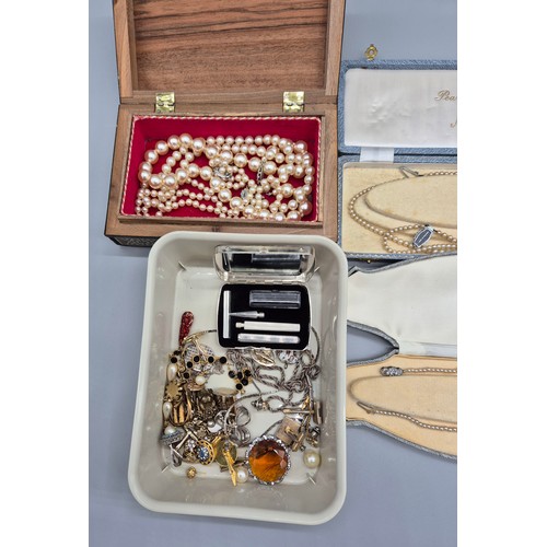 17 - A Selection of costume jewellery; pendants, brooch, ring and faux pearl necklaces.