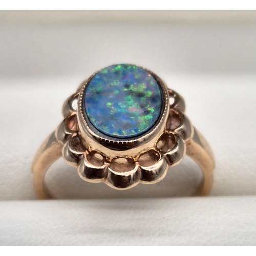 18 - Birmingham 9ct yellow gold and black opal ring. [Ring size M] [3.34grams]