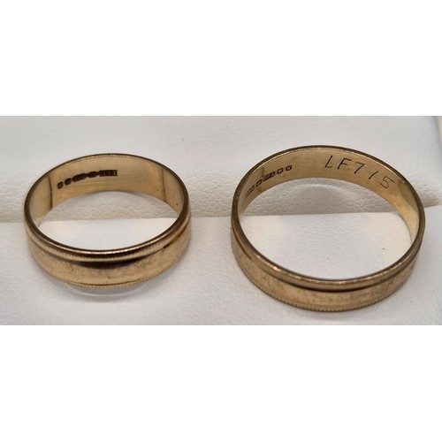 23 - Two matching 9ct yellow gold wedding bands. [Ring size R & L] [4.40Grams]