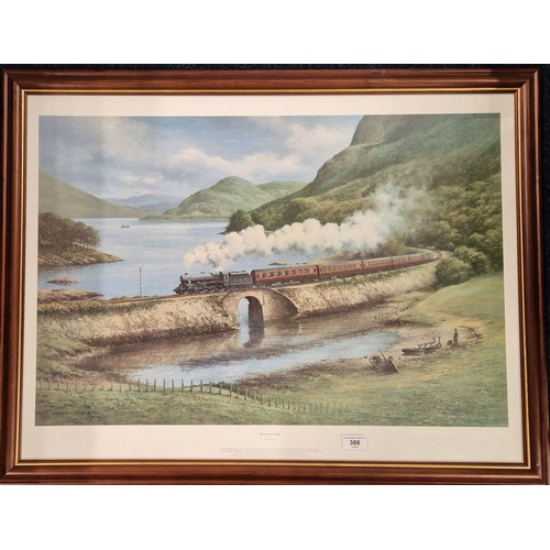 386 - Steam train print titled 'Skye boat train' By Don Breckon set in a mahogany  frame [67.5x89cm]