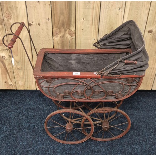 382 - Victorian style dolls pram on metal supports- window shop display [74x58.5x28.5cm]