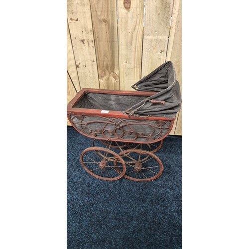 382 - Victorian style dolls pram on metal supports- window shop display [74x58.5x28.5cm]