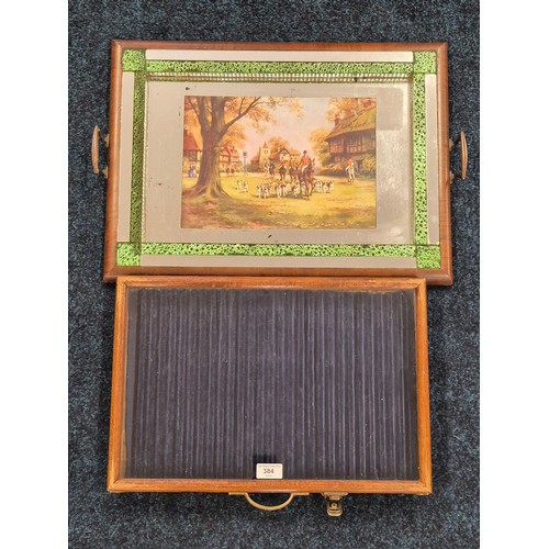 384 - Antique pine jewellery ring display case together with a vintage fox hunting scene tray