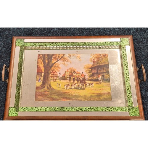 384 - Antique pine jewellery ring display case together with a vintage fox hunting scene tray