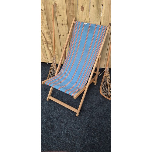 374 - Vintage deck chair together with Two vintage Lacrosse sticks with leather and cat gut heads [114cm l... 