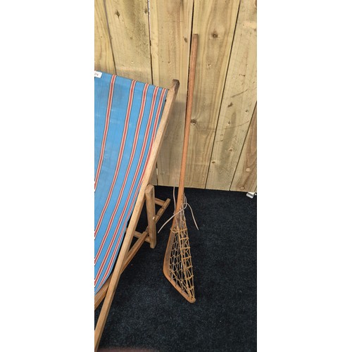 374 - Vintage deck chair together with Two vintage Lacrosse sticks with leather and cat gut heads [114cm l... 