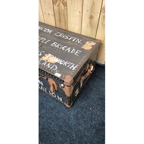 365 - Antique travel trunk belonging to Major Crispin from the rifle brigade assays barracks Tidworth Engl... 