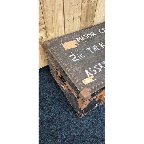 365 - Antique travel trunk belonging to Major Crispin from the rifle brigade assays barracks Tidworth Engl... 