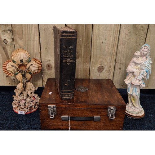 376 - A selection of religious collectables; Two vintage religious figurines; Coral & shell Jesus figure t... 