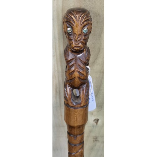 164 - New Zealand Māori tokotoko hand carved walking stick set with shell eyes [92cm]