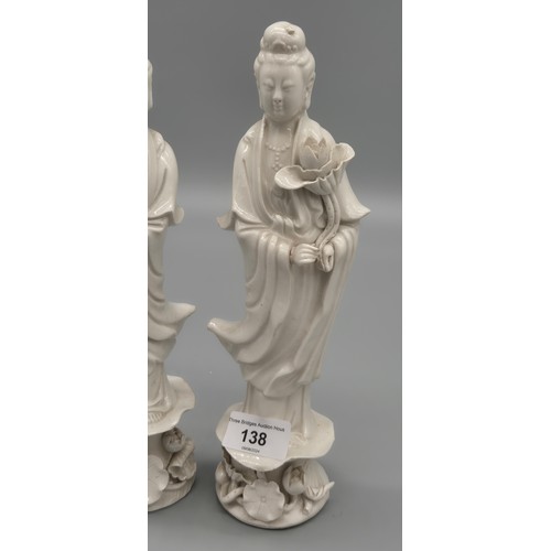 138 - Two Japanese Statues Blanc de Chine White Porcelain Lotus Flower [27cm tallest]