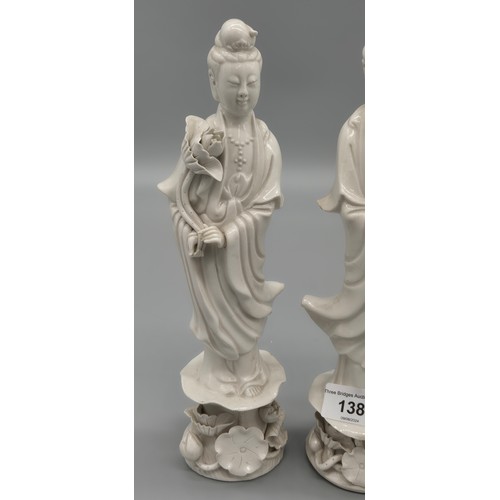 138 - Two Japanese Statues Blanc de Chine White Porcelain Lotus Flower [27cm tallest]