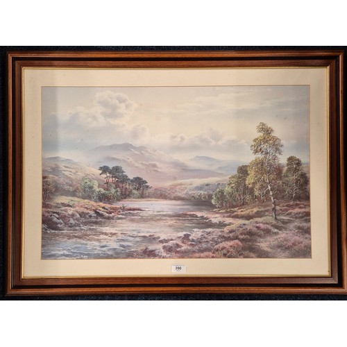 390 - Highland river scene, man fishing the river print set in a mahogany frame [63x90cm]