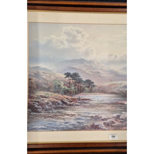 390 - Highland river scene, man fishing the river print set in a mahogany frame [63x90cm]