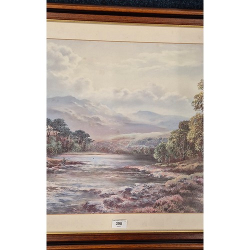 390 - Highland river scene, man fishing the river print set in a mahogany frame [63x90cm]