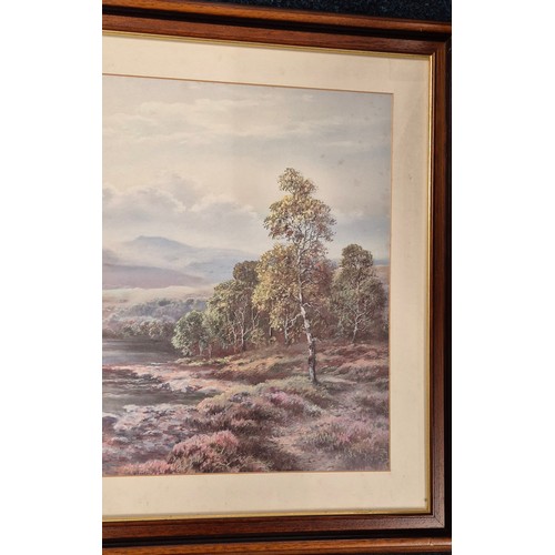 390 - Highland river scene, man fishing the river print set in a mahogany frame [63x90cm]