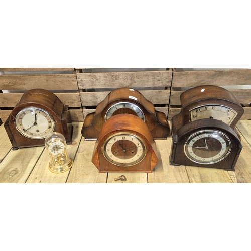 378 - A collection of six mantle clocks; three hole art Deco mantle clock, Bentina art Deco clock & others