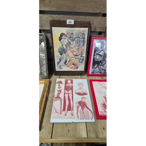 364 - A collection of erotic caricatures prints together with erotic manikin display legs on stands