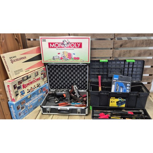 499 - Two boxes of vintage tools together with a selection of board games; monopoly & Reminiscing