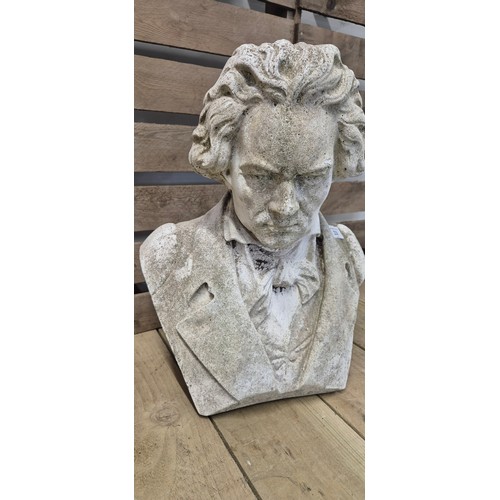 238 - Large and heavy garden bust of Beethoven- cast marble [43cm high]