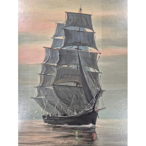 435 - Oil painting depicting Galleon ship at sea by H.L Braunston [64x48cm]